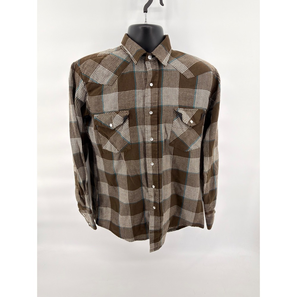 Vintage Karman Western Pearl Snap Shirt Mens L Brown Plaid Flannel Cowboy Yoke